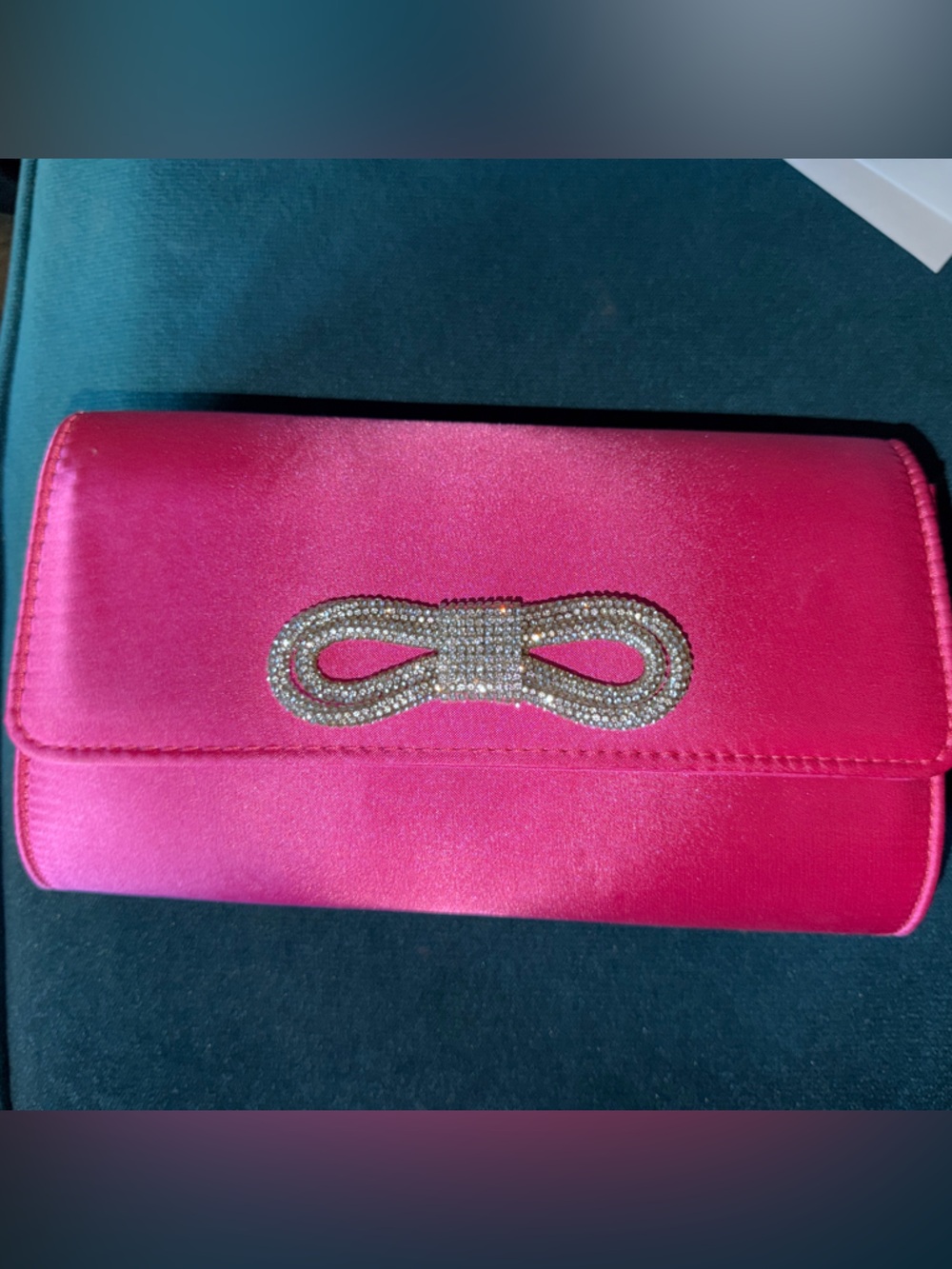 Fashion Nova Fuchsia Satin Clutch with Crystal Bow Accent